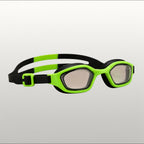 luwa Coral Flash swim goggles in black and bright green with anti-fog PC lens and adjustable strap.