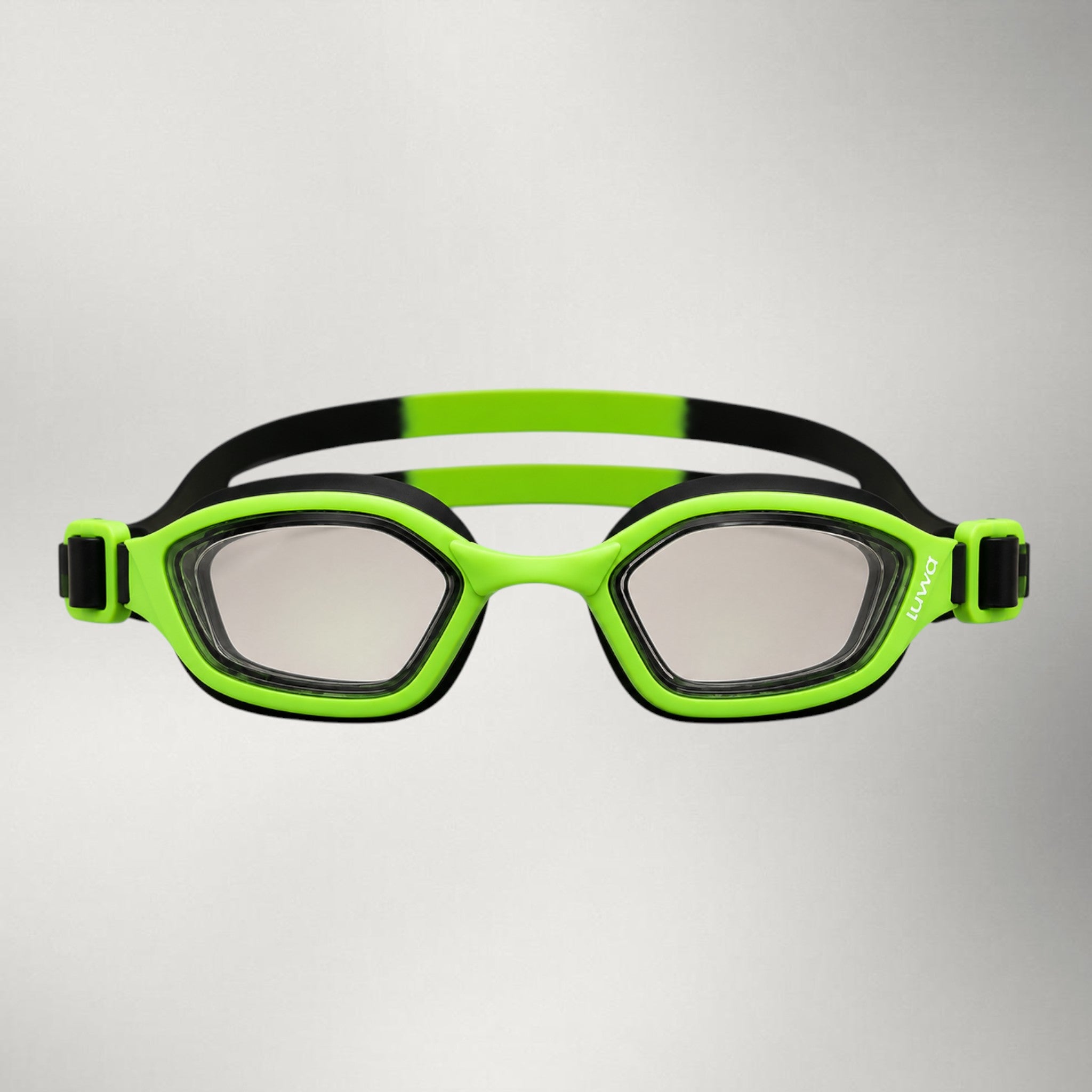 luwa Coral Flash swim goggles with black and bright green accents, anti-fog PC lens, and adjustable strap.