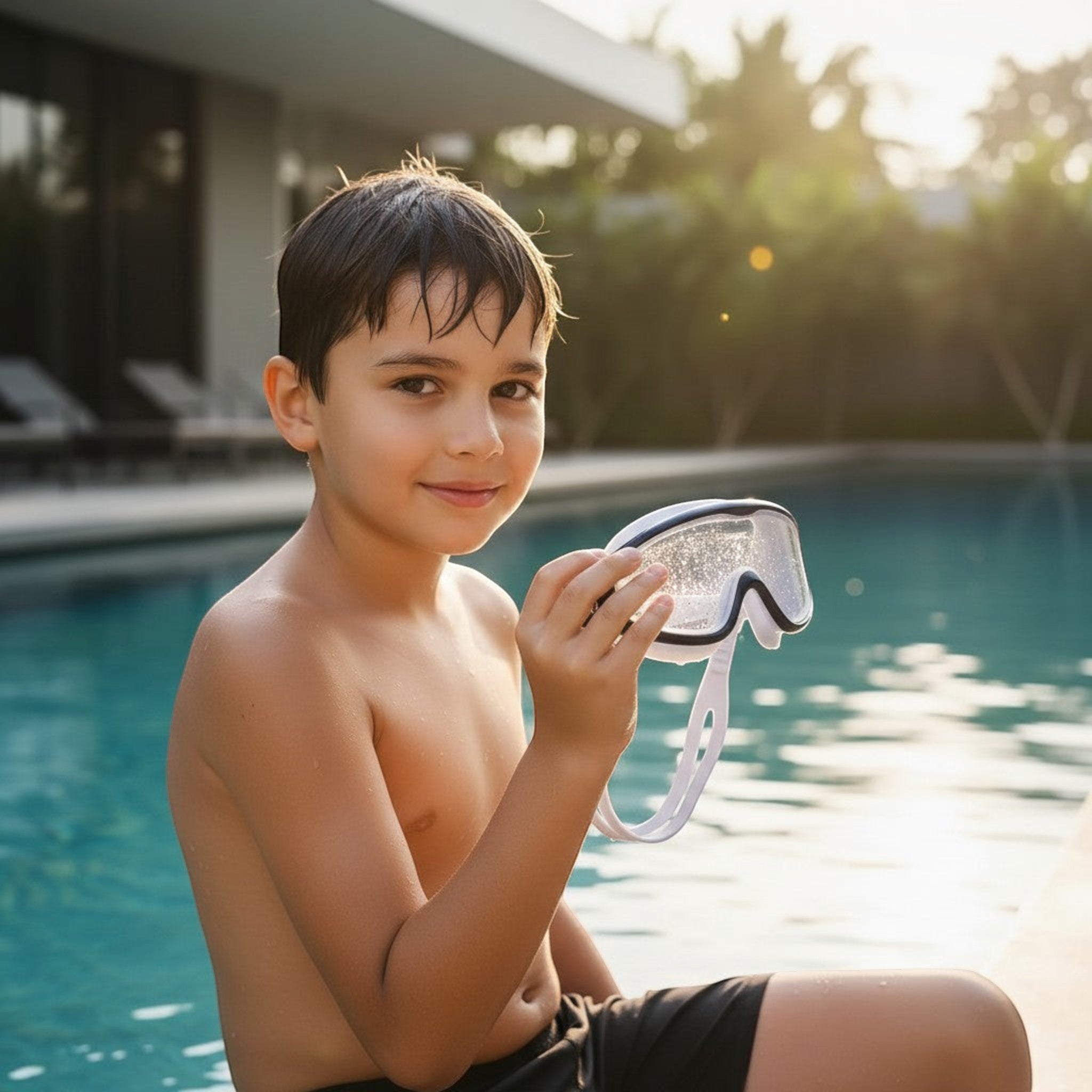 luwa Explorer blue kids swim mask with anti-fog coating and wide PC lens for clear underwater vision.