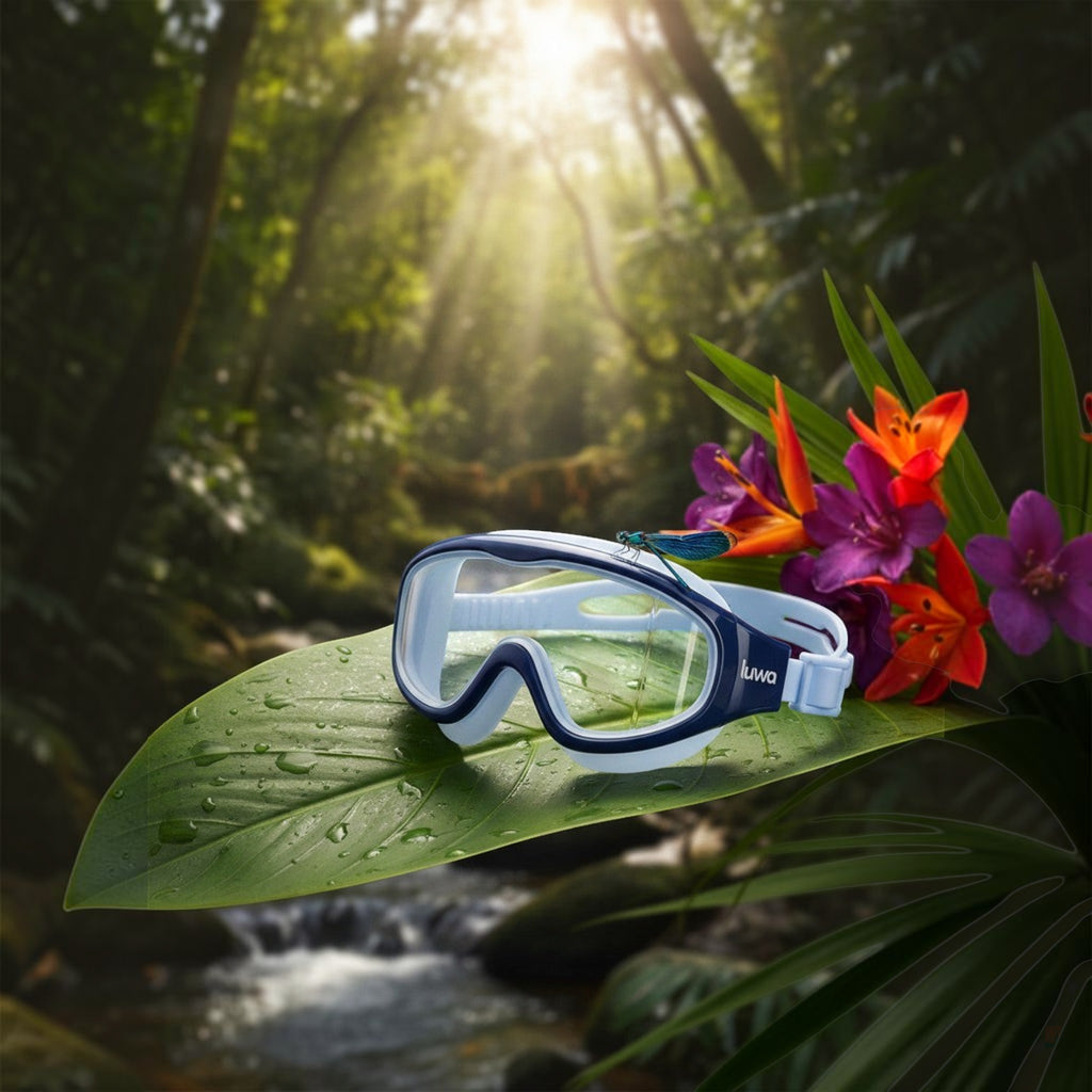 Luwa Explorer kids swim mask in blue with a wide, clear PC lens and anti-fog coating for comfortable underwater play.
