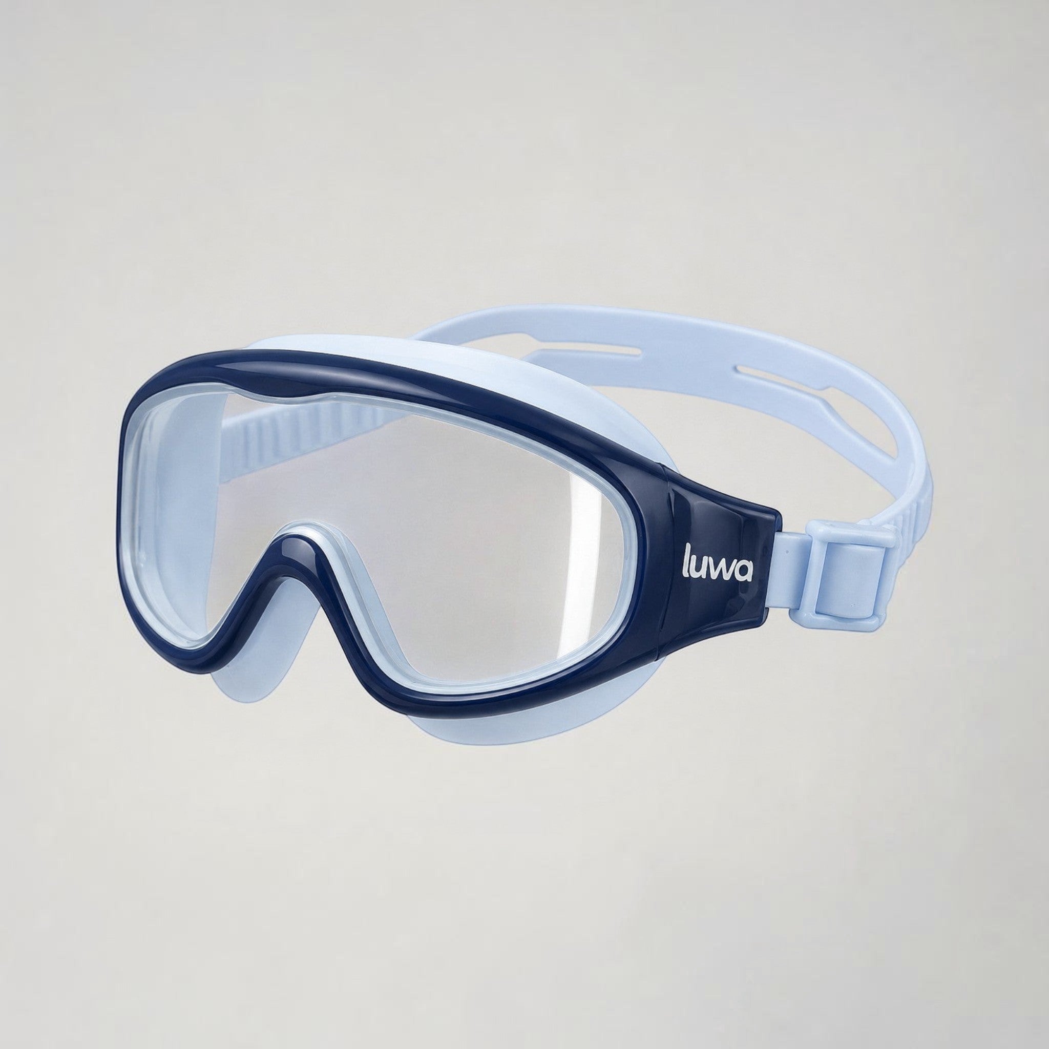 Luwa Explorer kids swim mask in light blue with navy trim and clear lenses. Features anti-fog coating and soft silicone seal.