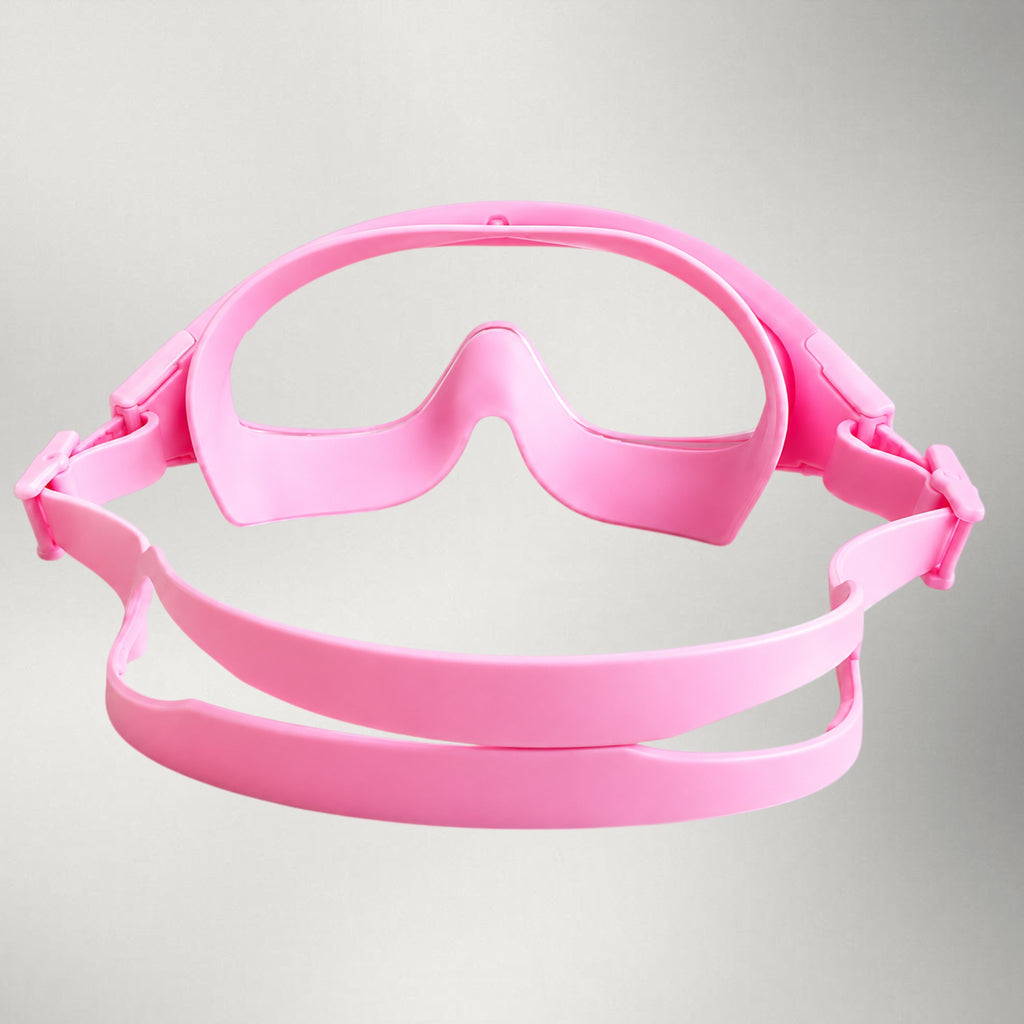 Luwa Explorer pink silicone kids swim mask with anti-fog coating and wide vision PC lens.