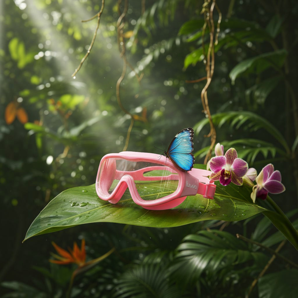 Luwa Explorer pink kids swim mask with anti-fog coating and soft silicone frame for wide vision.