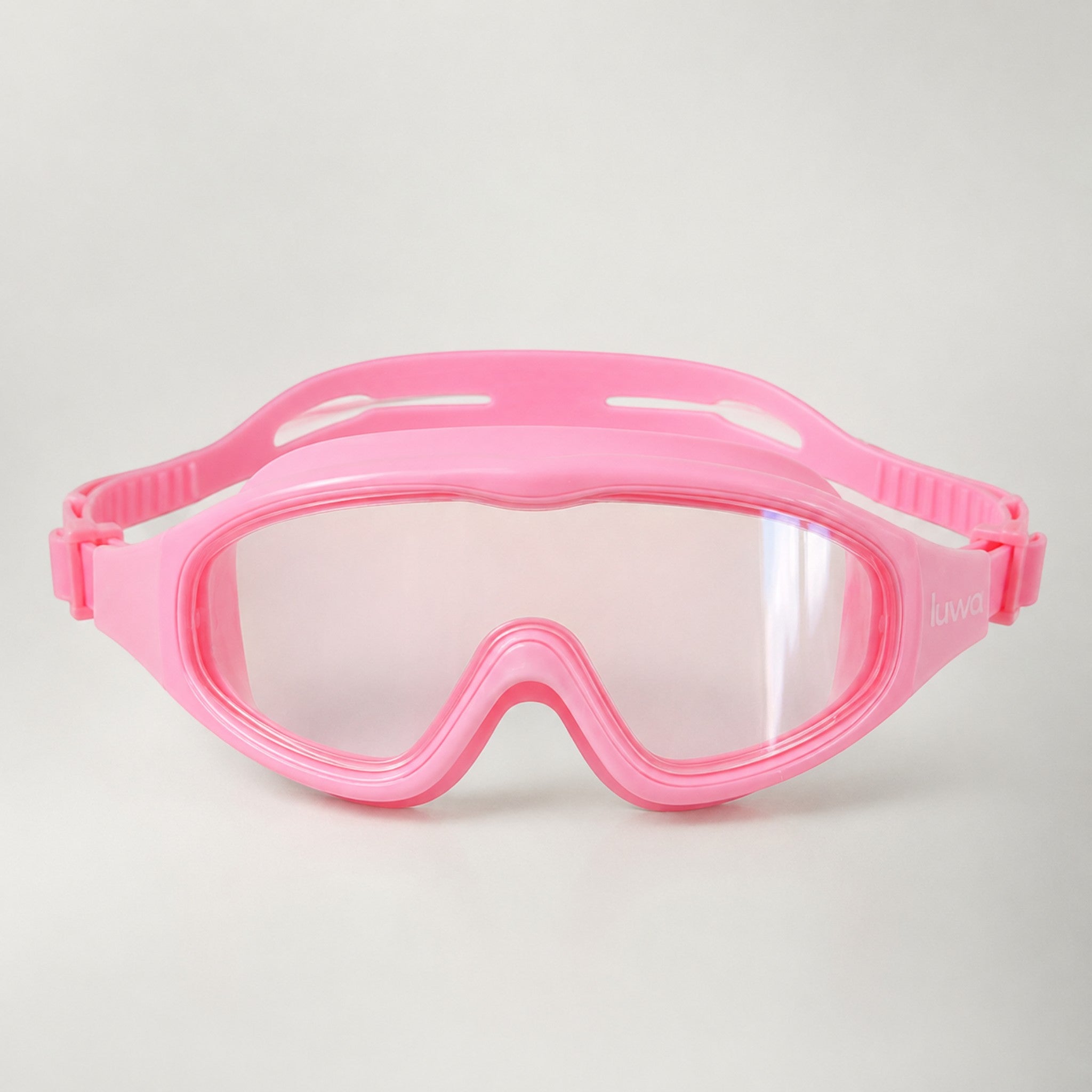 luwa Explorer pink kids swim mask goggles with anti-fog coating and soft silicone frame for wide vision.
