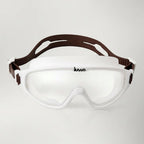 Luwa Horizon View white swimming goggles with clear anti-fog lenses and brown adjustable strap.