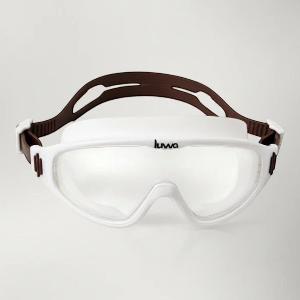 Luwa Horizon View white swimming goggles with clear anti-fog lenses and brown adjustable strap.