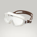 LUWA Horizon View white swimming goggles with clear anti-fog lenses and brown strap, designed for comfort and long sessions.