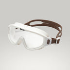 LUWA Horizon View white swimming goggles with clear anti-fog lenses and brown strap, designed for comfort and long sessions.