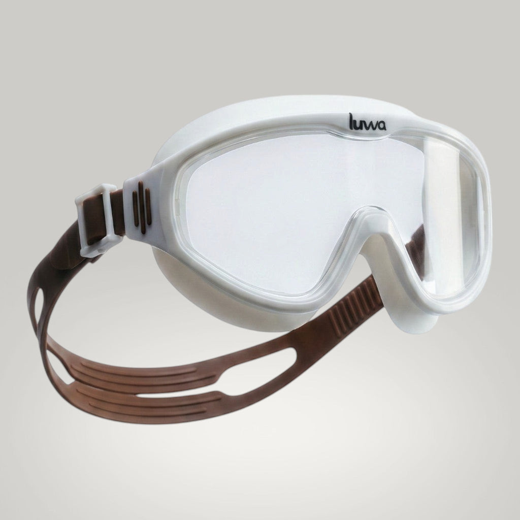 luwa Horizon View white swimming goggles with clear anti-fog lenses and brown adjustable strap