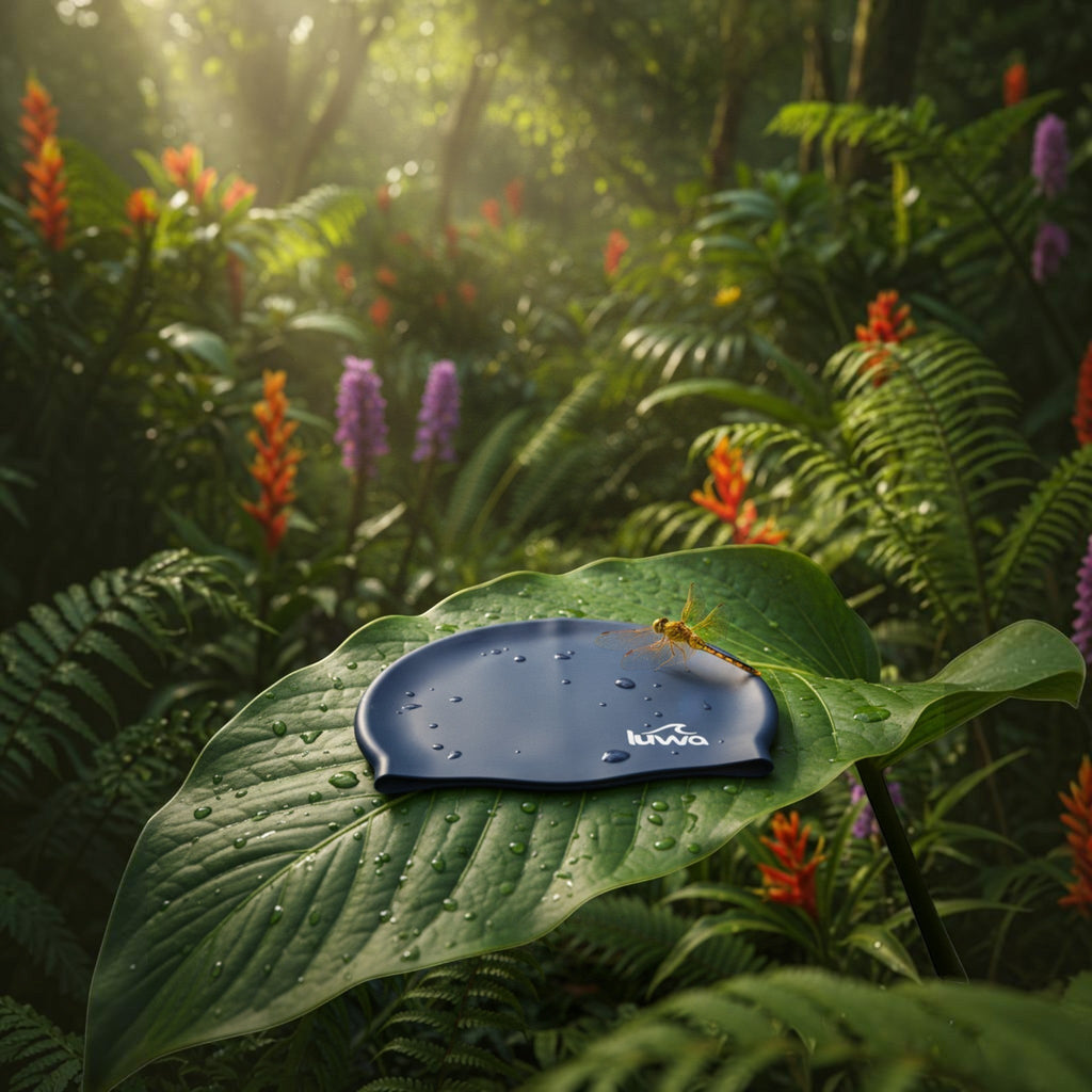 Luwa Apex swim cap in navy blue silicone, designed for comfort and durability. Features a hydrodynamic shape and premium finish.