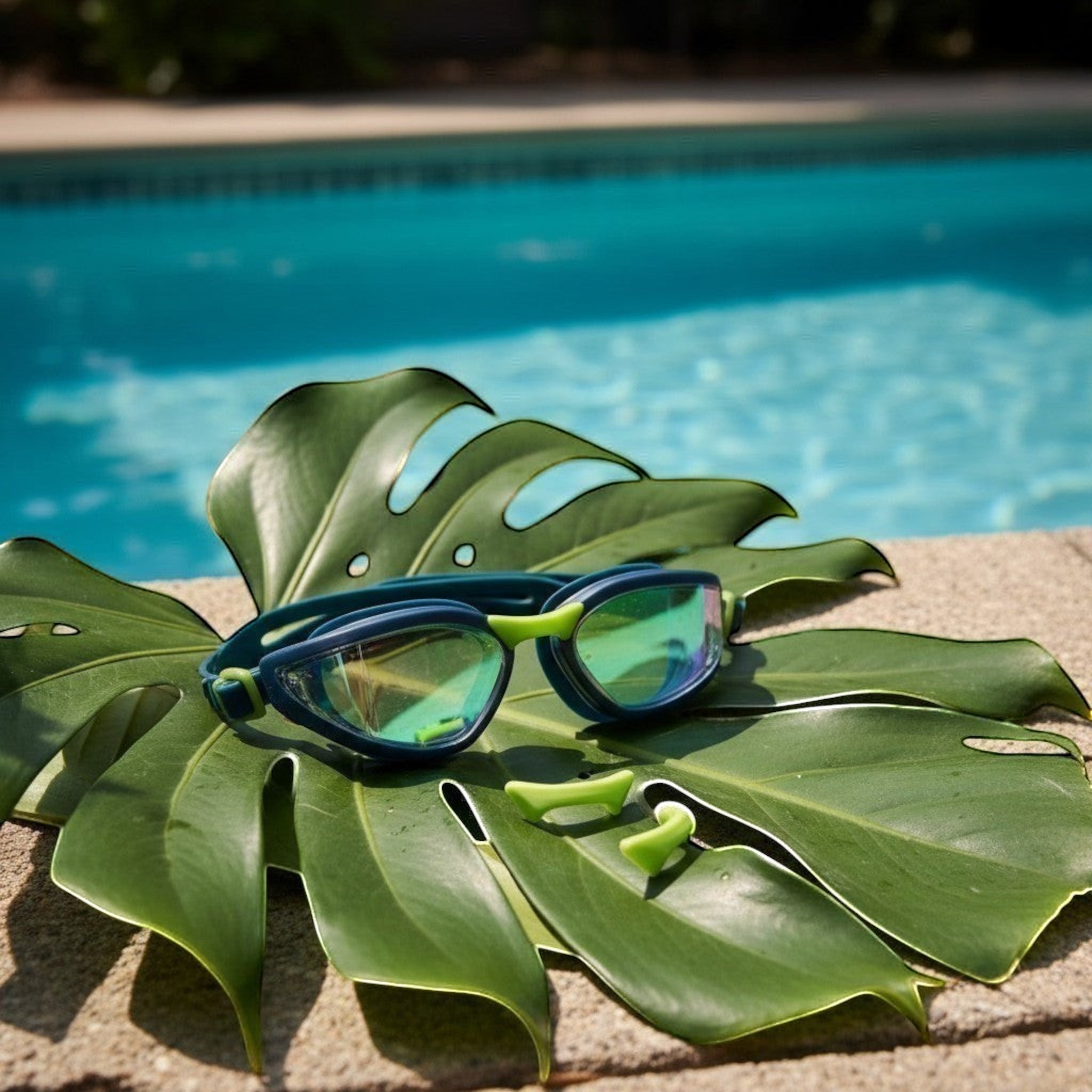 luwa navy blue performance swimming goggles with anti-fog lenses and lime green accents. Includes adjustable strap and nose pieces.
