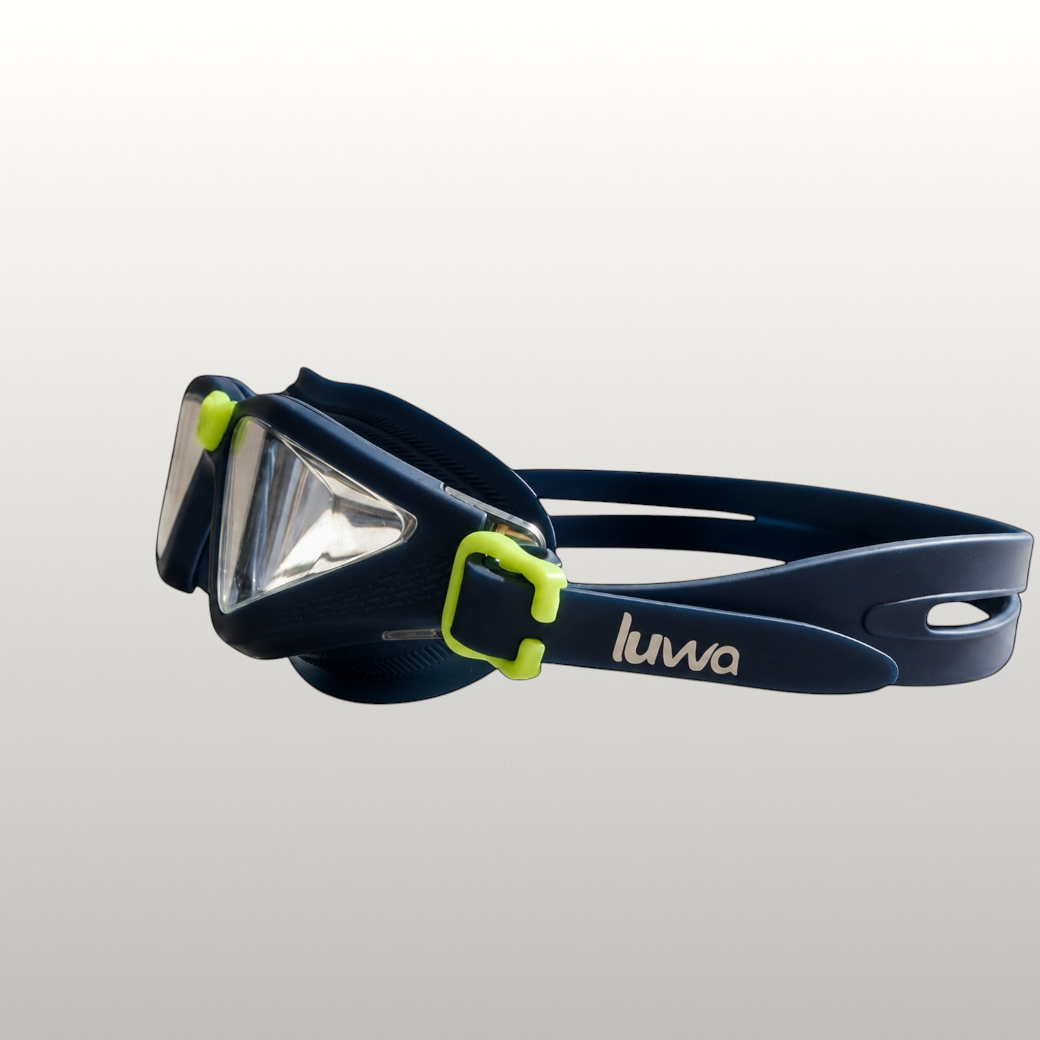 luwa navy blue performance swimming goggles with anti-fog lenses and lime green adjustable strap