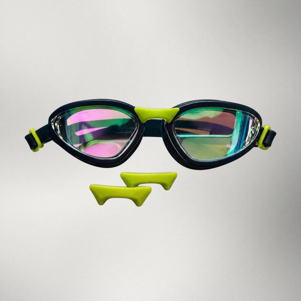 luwa navy blue performance swimming goggles with anti-fog lenses and lime green accents. Includes adjustable strap and nose pieces.