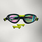 luwa navy blue performance swimming goggles with anti-fog lenses and lime green accents. Includes adjustable strap and nose pieces.