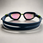 luwa navy blue performance swimming goggles with pink mirrored anti-fog lenses and lime green accents.