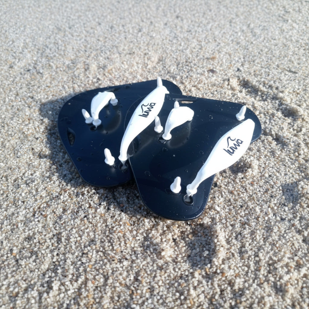 luwa black and white swim paddles with adjustable straps for training and technique improvement